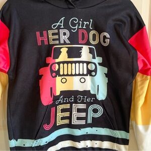 Women’s Fun Multicolor Hoodie with graphic design of Jeep, Her Dog, Size Small